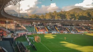 Stade de football au coucher du soleil avant Angleterre-Argentine, demi-finale du Mondial 2026